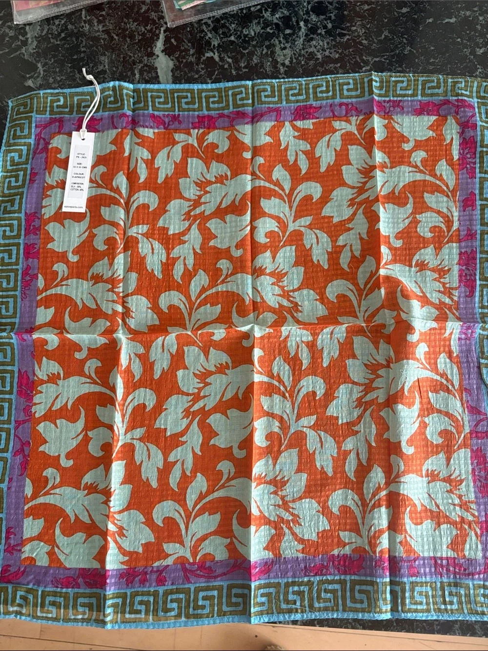 EPICE Paris Apricot Floral Square silk and cotton Scarf